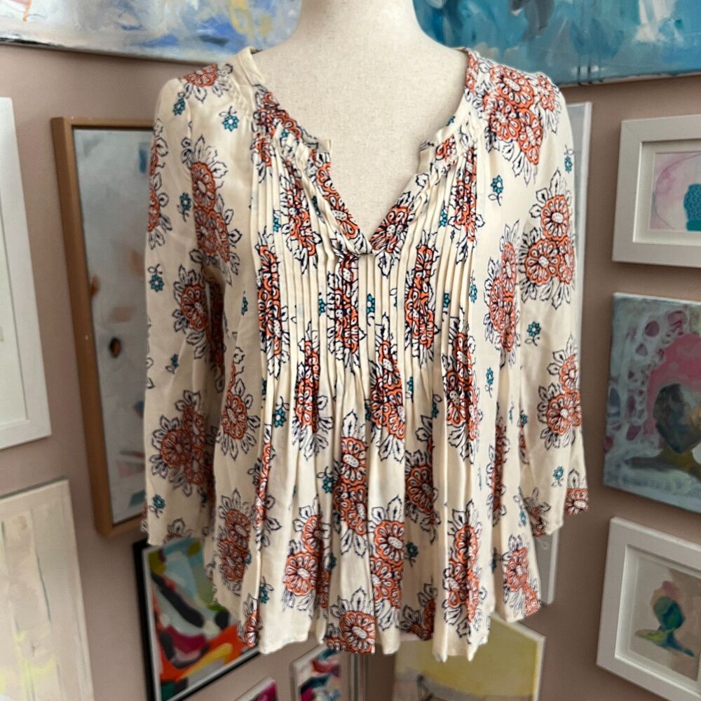 Vanessa Virginia Anthropologie Peasant Top Cream Floral Cottagecore Boho Size 2